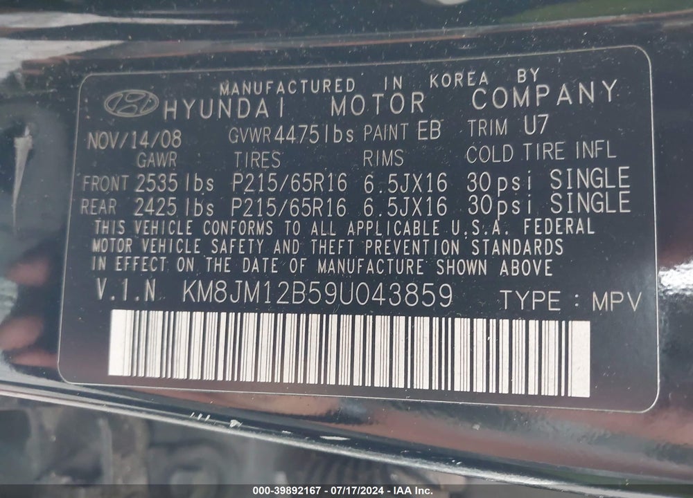 2009 HYUNDAI TUCSON GLS VIN: KM8JM12B59U043859