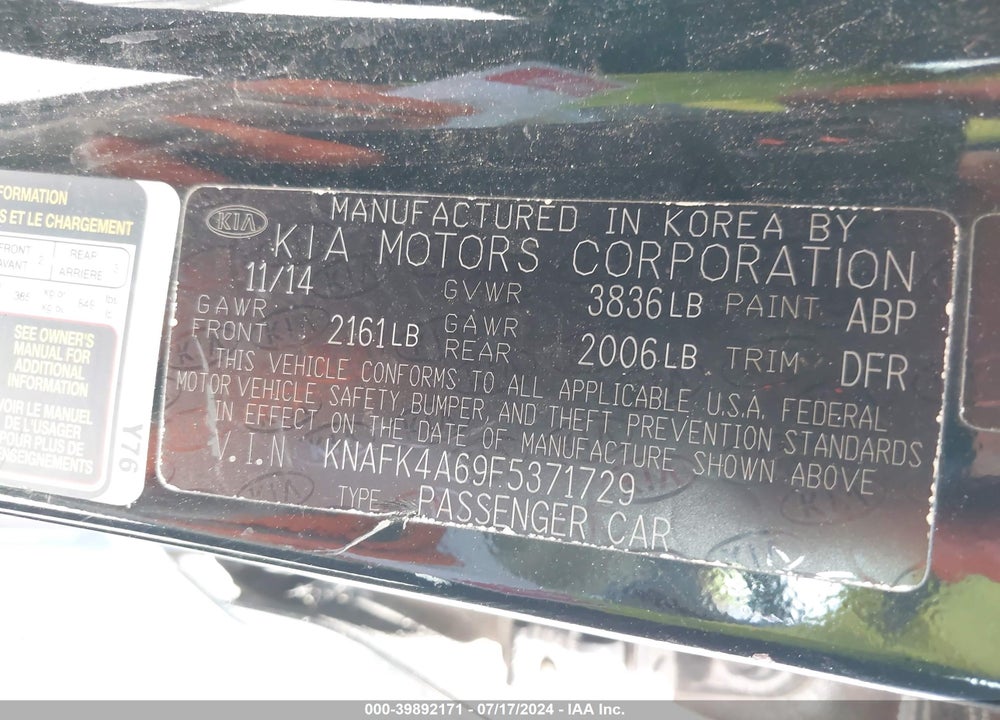 2015 KIA FORTE LX VIN: KNAFK4A69F5371729