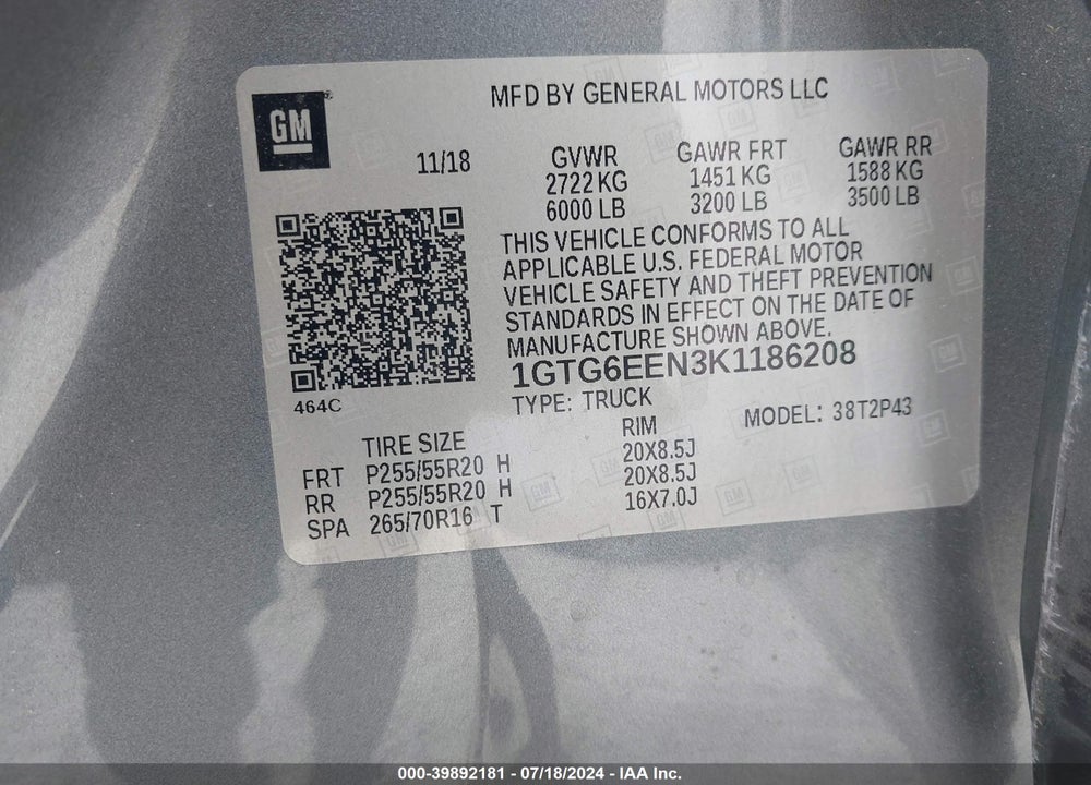 2019 GMC CANYON DENALI VIN: 1GTG6EEN3K1186208