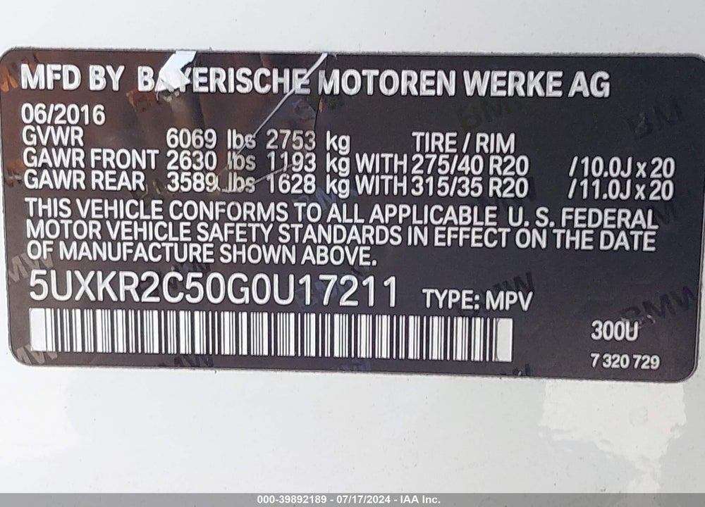 2016 BMW X5 SDRIVE35I VIN: 5UXKR2C50G0U17211