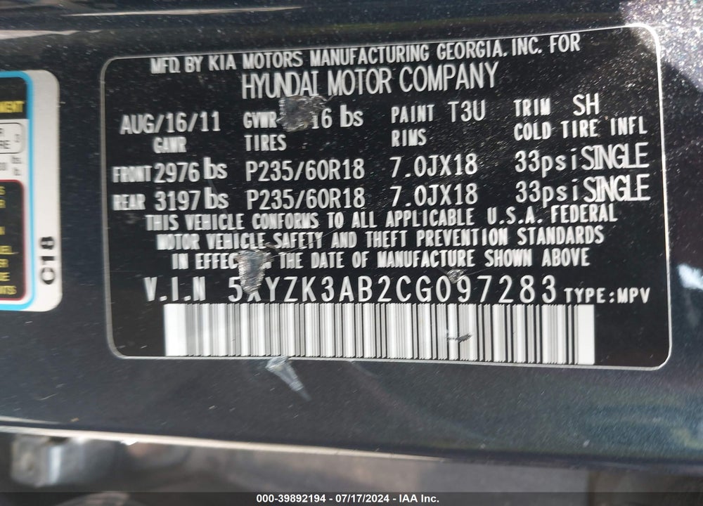 2012 HYUNDAI SANTA FE LIMITED VIN: 5XYZK3AB2CG097283