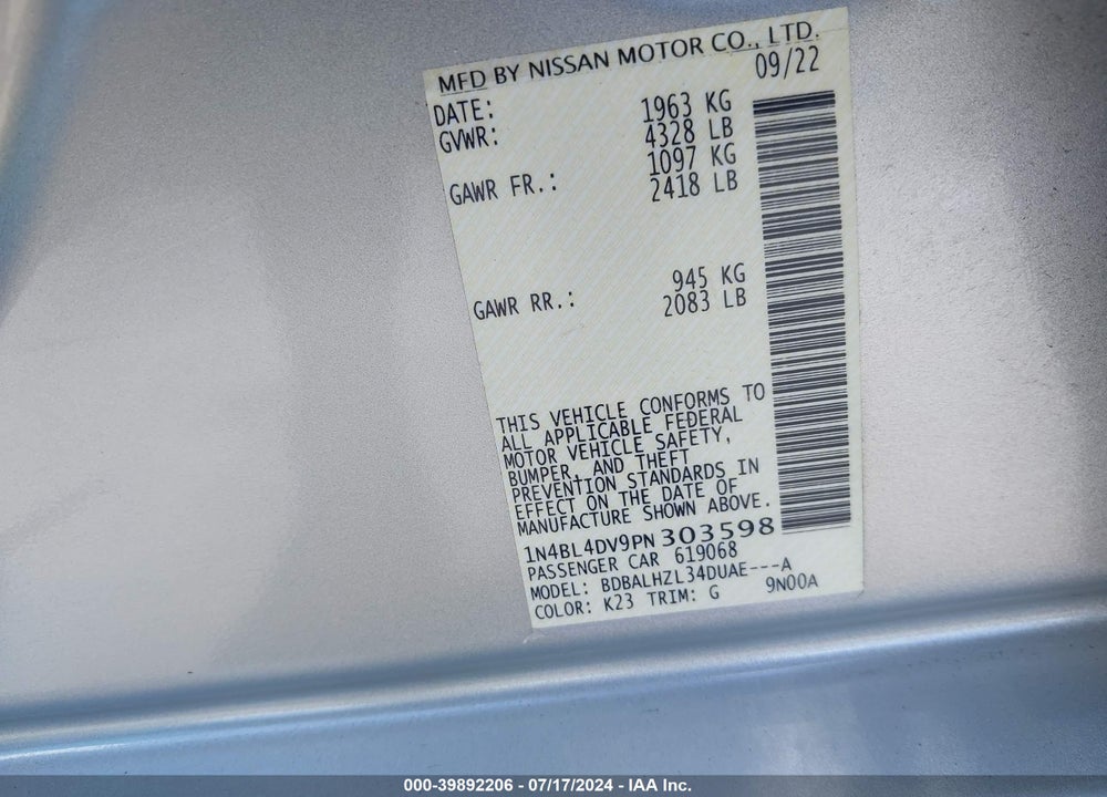2023 NISSAN ALTIMA SV FWD VIN: 1N4BL4DV9PN303598