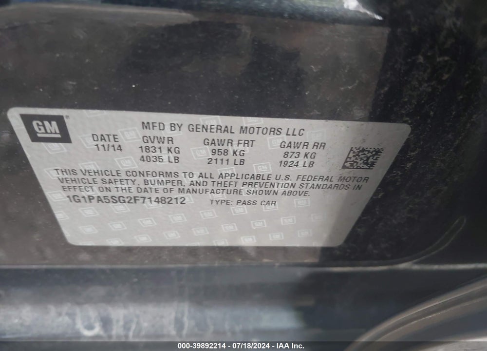 2015 CHEVROLET CRUZE LS AUTO VIN: 1G1PA5SG2F7148212