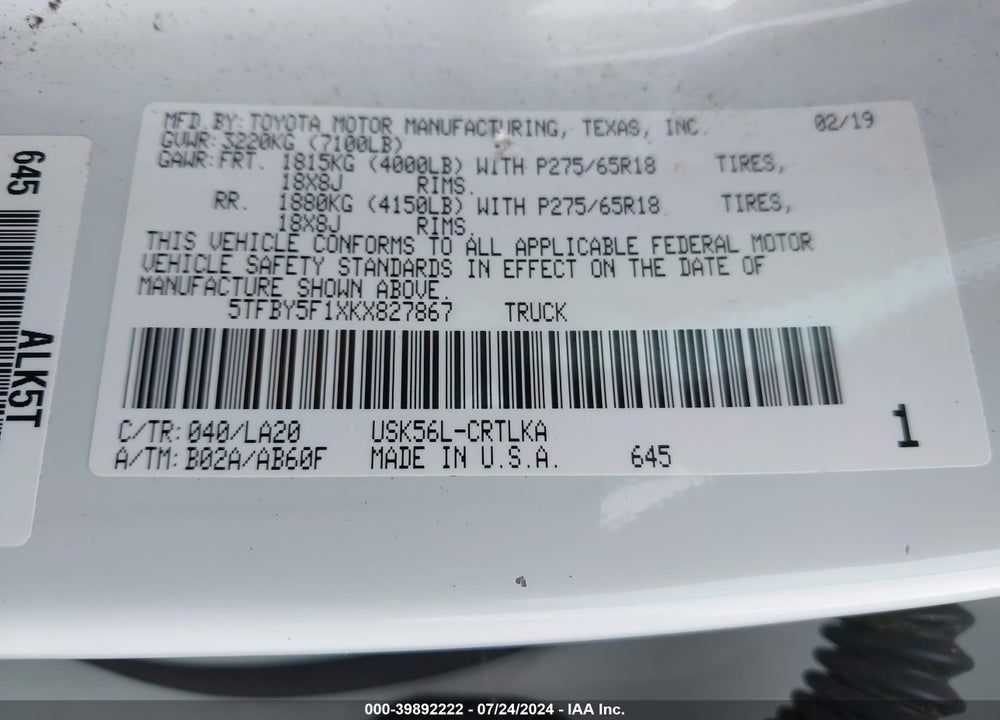 2019 TOYOTA TUNDRA LIMITED 5.7L V8 VIN: 5TFBY5F1XKX827867