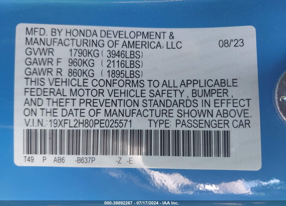 2023 HONDA CIVIC SPORT VIN: 19XFL2H80PE025571