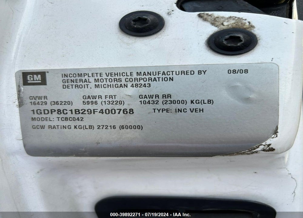 2009 GMC TC8500 VIN: 1GDP8C1B29F400768
