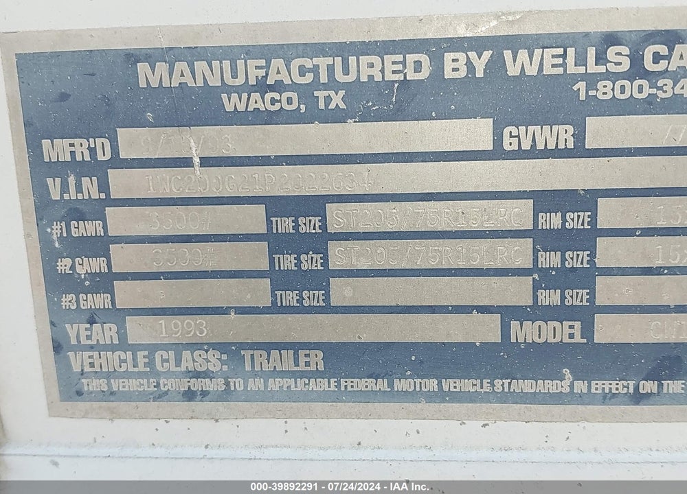 1993 WELLS CARGO --- VIN: 1WC200G21P2022634