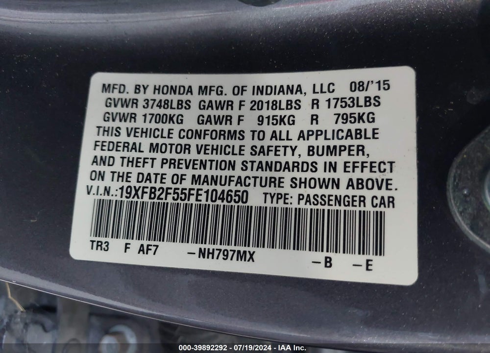 2015 HONDA CIVIC LX VIN: 19XFB2F55FE104650