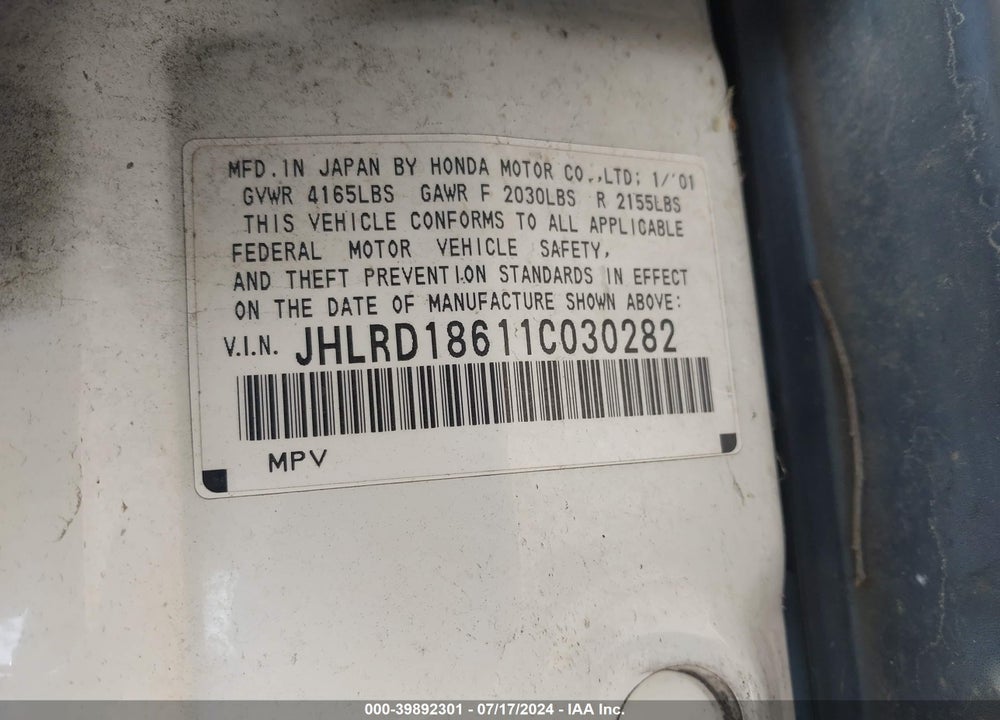 2001 HONDA CR-V EX VIN: JHLRD18611C030282