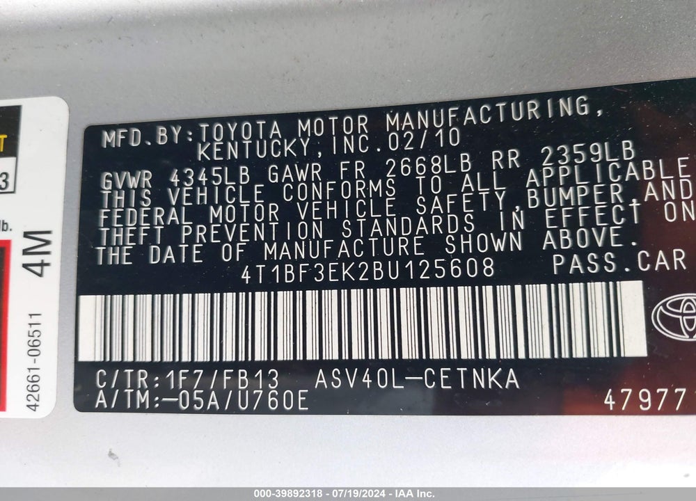 2011 TOYOTA CAMRY LE VIN: 4T1BF3EK2BU125608