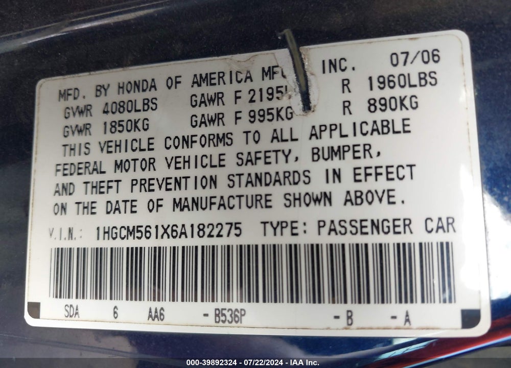 2006 HONDA ACCORD 2.4 VP VIN: 1HGCM561X6A182275