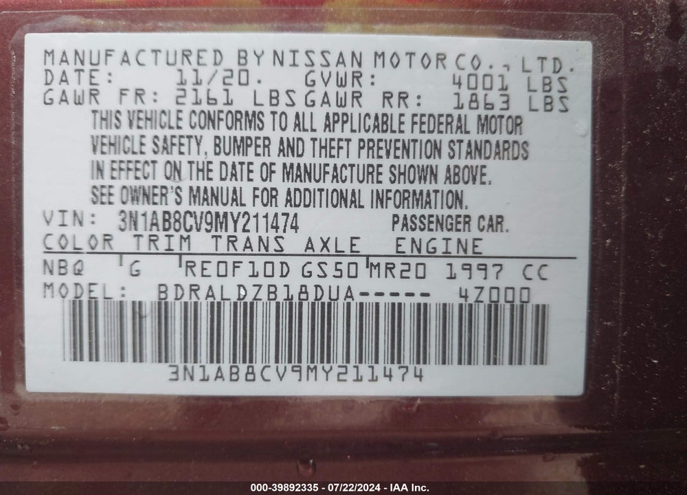 2021 NISSAN SENTRA SV XTRONIC CVT VIN: 3N1AB8CV9MY211474