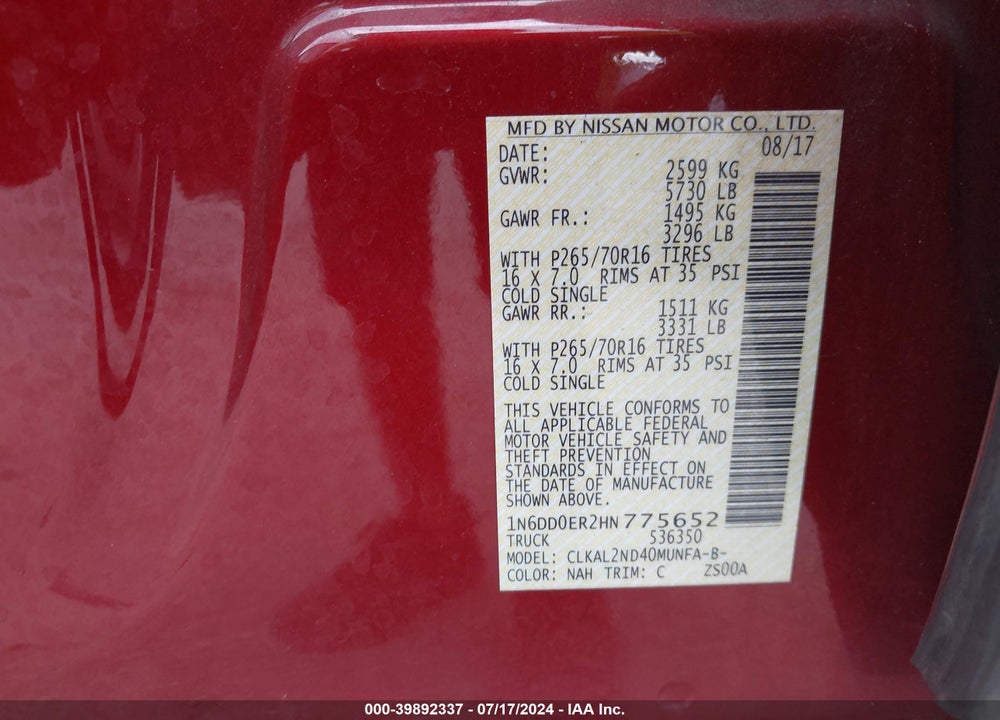 2017 NISSAN FRONTIER SV VIN: 1N6DD0ER2HN775652