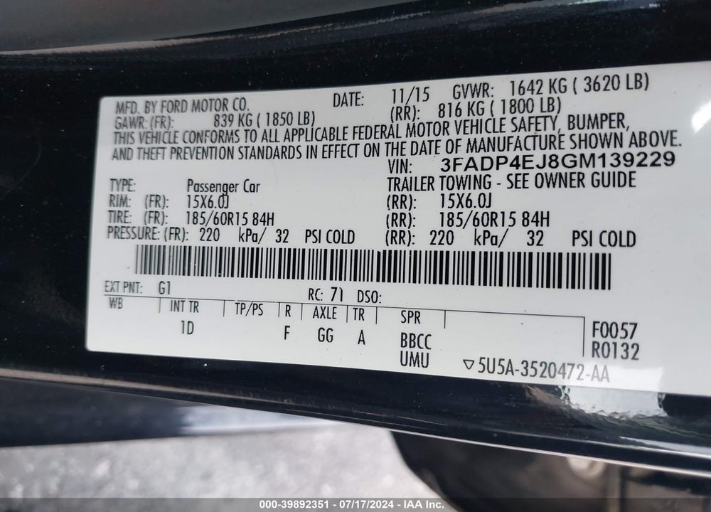 2016 FORD FIESTA SE VIN: 3FADP4EJ8GM139229