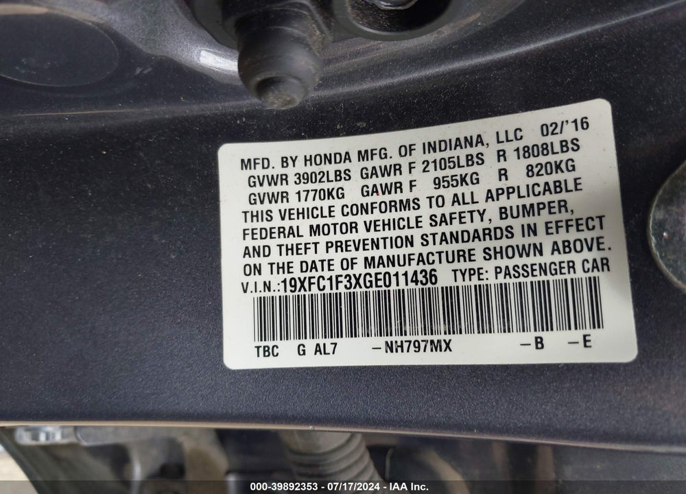 2016 HONDA CIVIC EX-T VIN: 19XFC1F3XGE011436