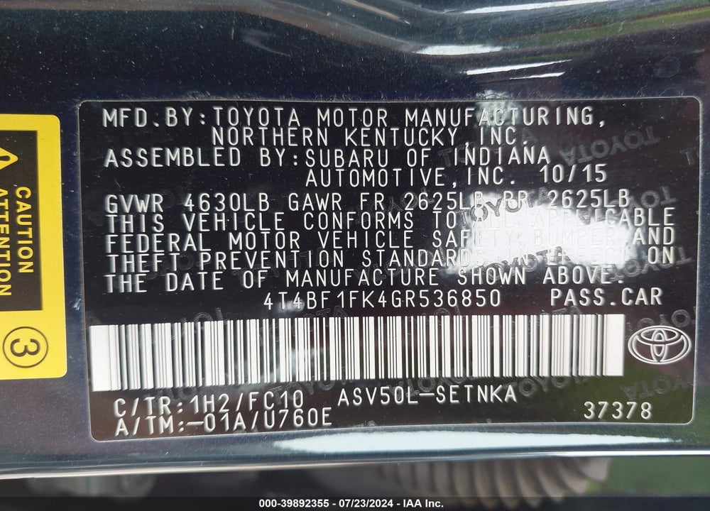 2016 TOYOTA CAMRY LE VIN: 4T4BF1FK4GR536850