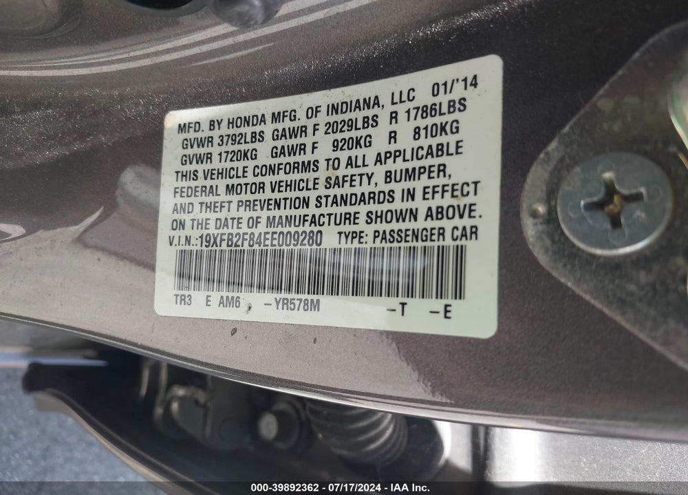 2014 HONDA CIVIC EX VIN: 19XFB2F84EE009280