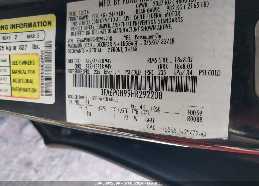2017 FORD FUSION SE VIN: 3FA6P0H99HR292208