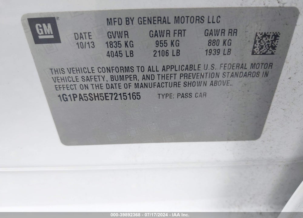 2014 CHEVROLET CRUZE LS AUTO VIN: 1G1PA5SH5E7215165