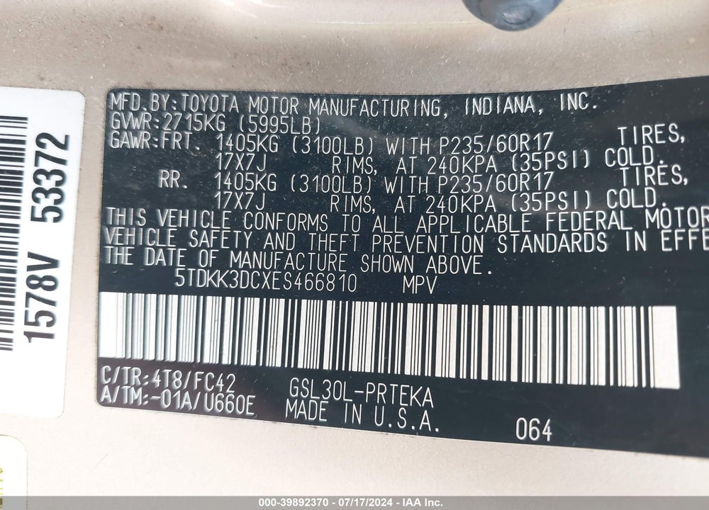 2014 TOYOTA SIENNA LE V6 8 PASSENGER VIN: 5TDKK3DCXES466810