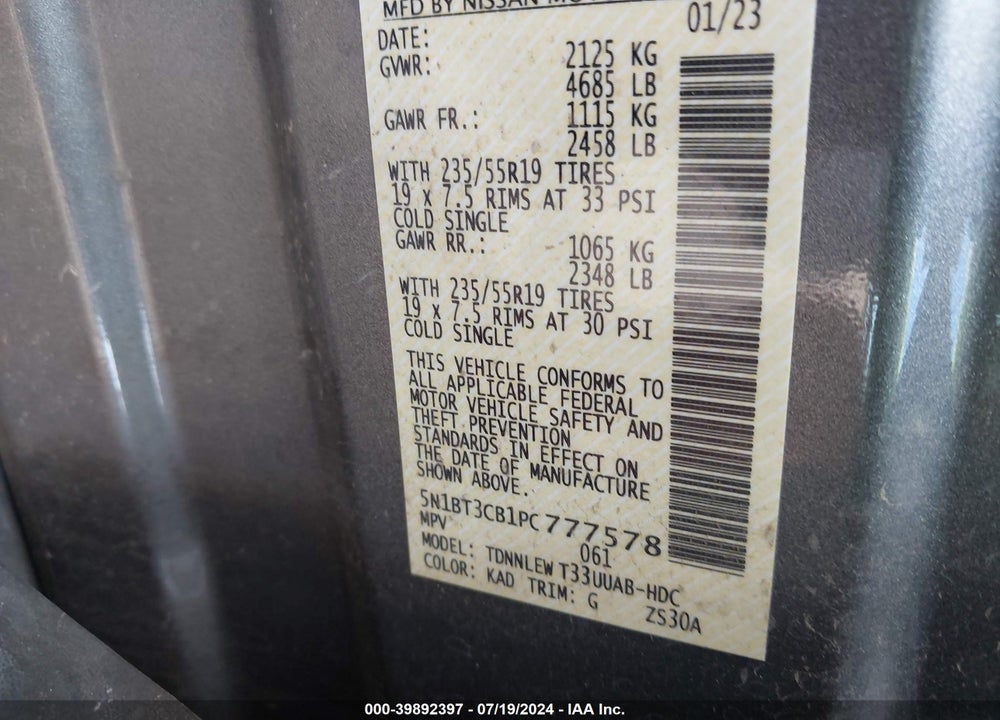 2023 NISSAN ROGUE SL INTELLIGENT AWD VIN: 5N1BT3CB1PC777578
