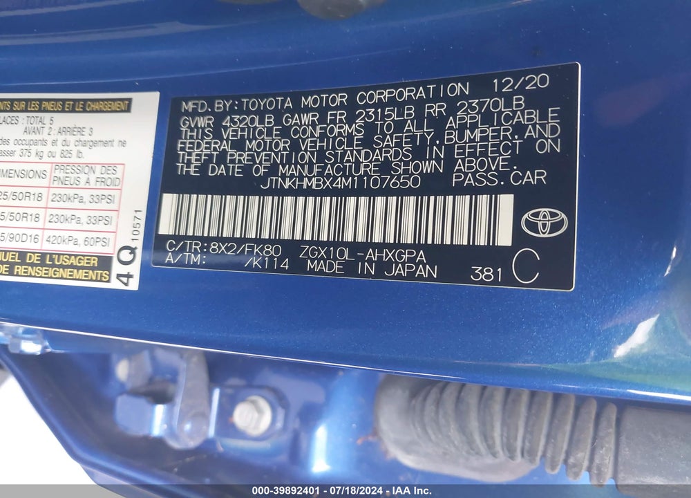 2021 TOYOTA C-HR XLE VIN: JTNKHMBX4M1107650