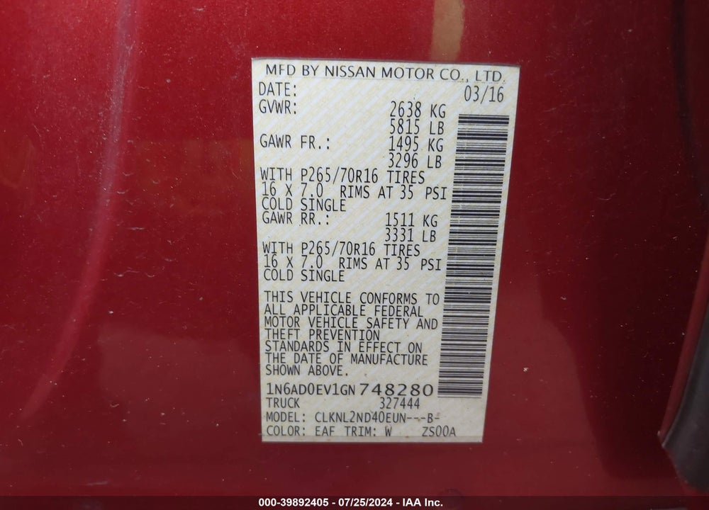 2016 NISSAN FRONTIER PRO-4X/S/SL/SV VIN: 1N6AD0EV1GN748280