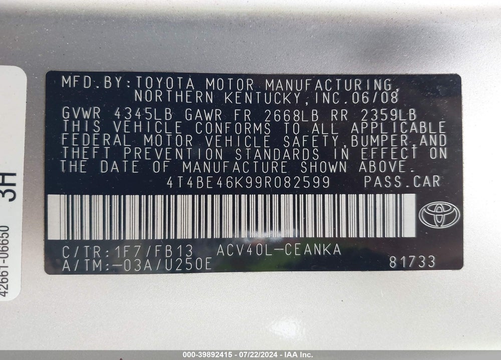 2009 TOYOTA CAMRY LE VIN: 4T4BE46K99R082599