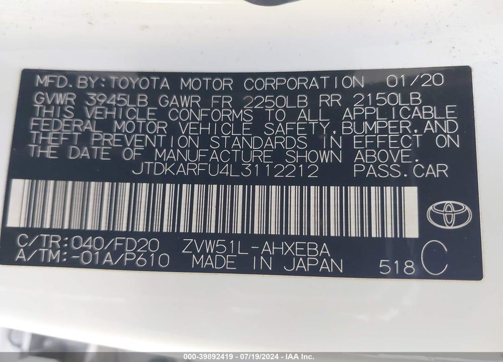 2020 TOYOTA PRIUS LE VIN: JTDKARFU4L3112212