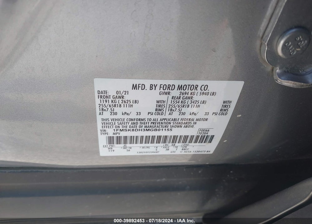 2021 FORD EXPLORER XLT VIN: 1FMSK8DH3MGB01155