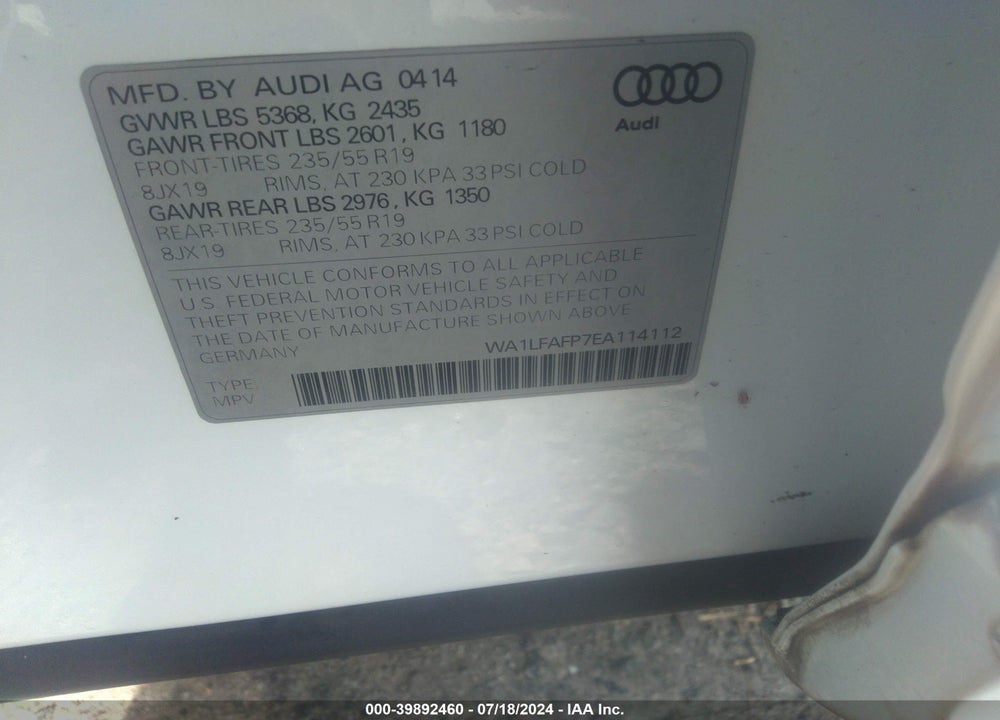2014 AUDI Q5 2.0T PREMIUM VIN: WA1LFAFP7EA114112