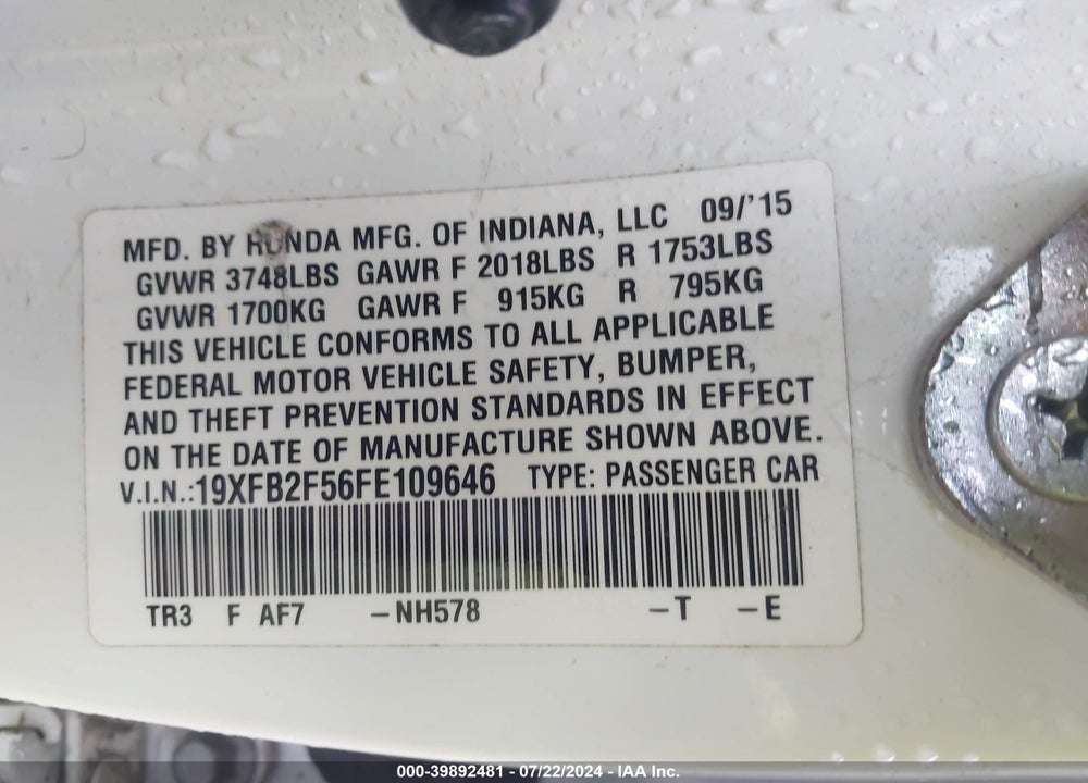 2015 HONDA CIVIC LX VIN: 19XFB2F56FE109646