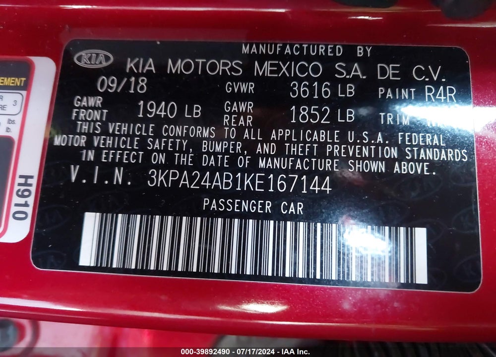 2019 KIA RIO S VIN: 3KPA24AB1KE167144