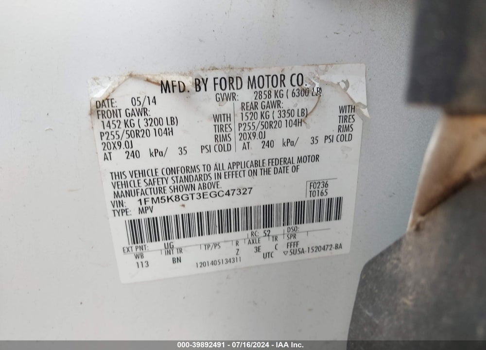 2014 FORD EXPLORER SPORT VIN: 1FM5K8GT3EGC47327