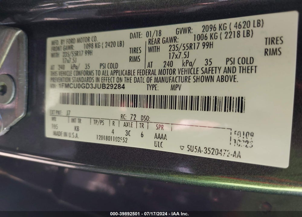 2018 FORD ESCAPE SE VIN: 1FMCU0GD3JUB29284