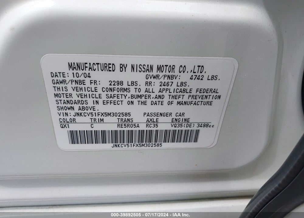 2005 INFINITI G35X VIN: JNKCV51FX5M302585