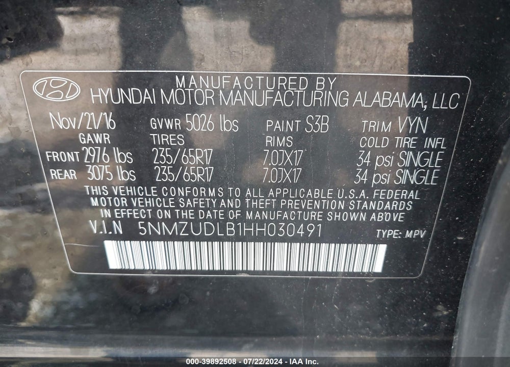 2017 HYUNDAI SANTA FE SPORT 2.4L VIN: 5NMZUDLB1HH030491