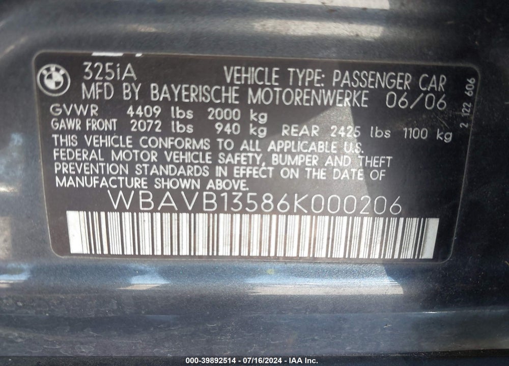 2006 BMW 325I VIN: WBAVB13586K000206