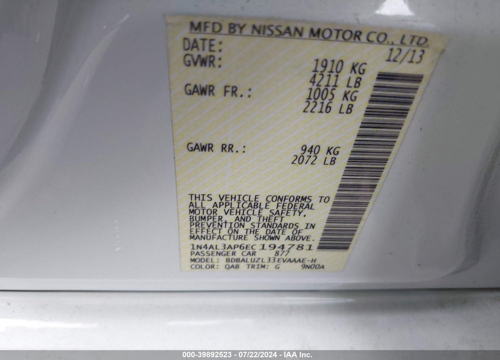 2014 NISSAN ALTIMA 2.5 SV VIN: 1N4AL3AP6EC194781