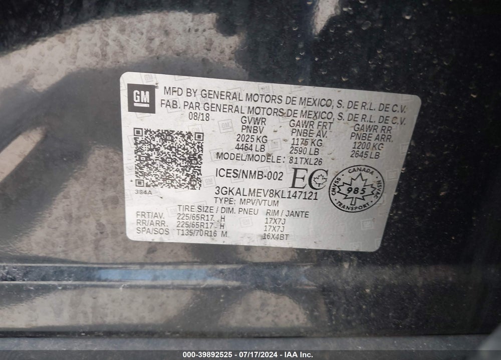 2019 GMC TERRAIN SLE VIN: 3GKALMEV8KL147121