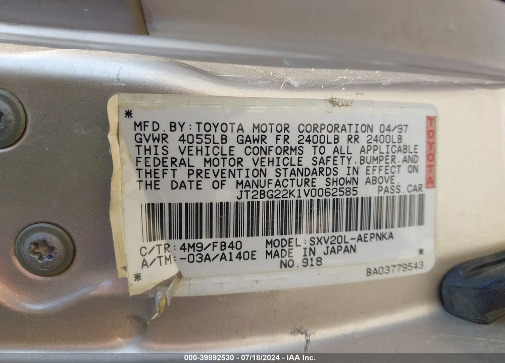 1997 TOYOTA CAMRY LE VIN: JT2BG22K1V0062585
