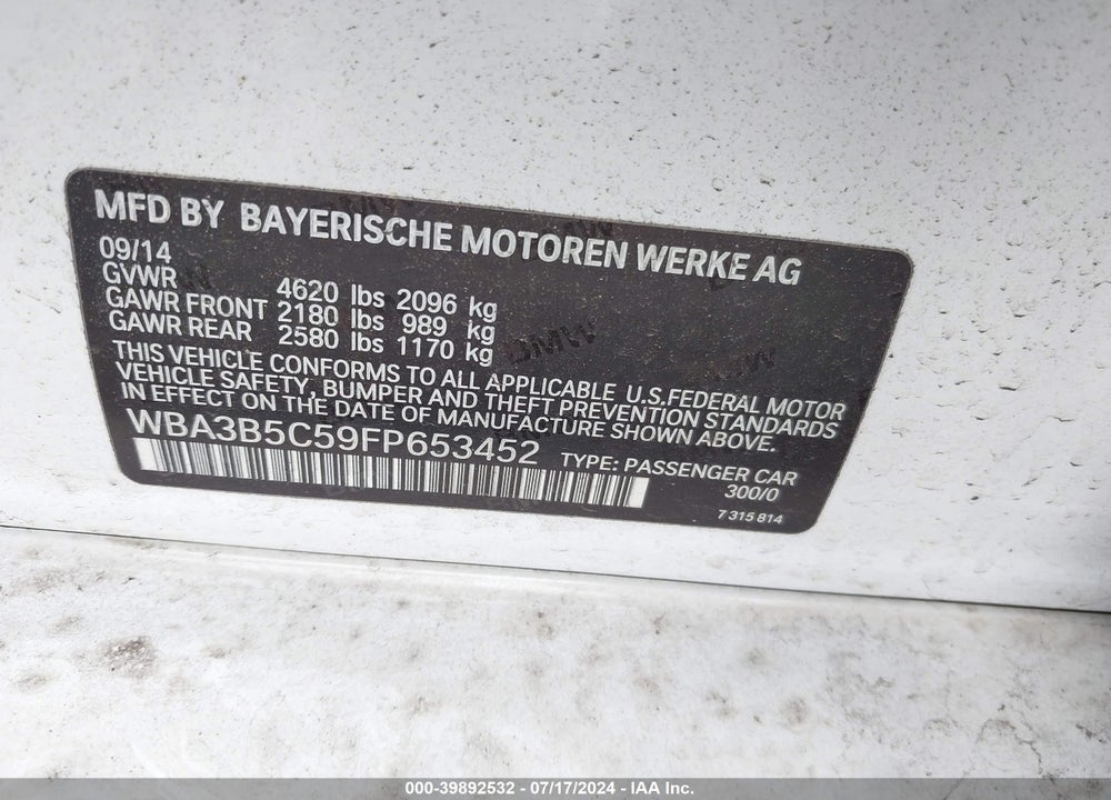 2015 BMW 328I XDRIVE VIN: WBA3B5C59FP653452