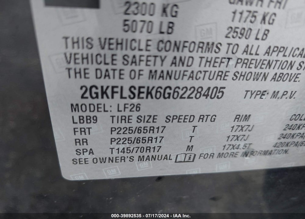 2016 GMC TERRAIN SLE-1 VIN: 2GKFLSEK6G6228405