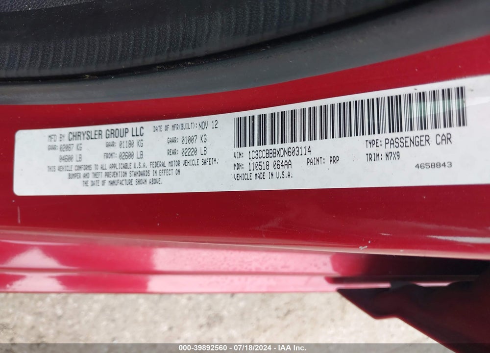 2013 CHRYSLER 200 TOURING VIN: 1C3CCBBBXDN603114