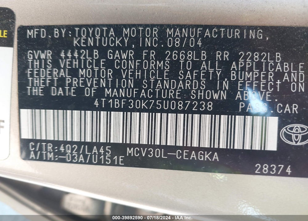 2005 TOYOTA CAMRY XLE V6 VIN: 4T1BF30K75U087238
