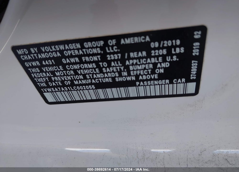2020 VOLKSWAGEN PASSAT 2.0T SE VIN: 1VWSA7A31LC002055