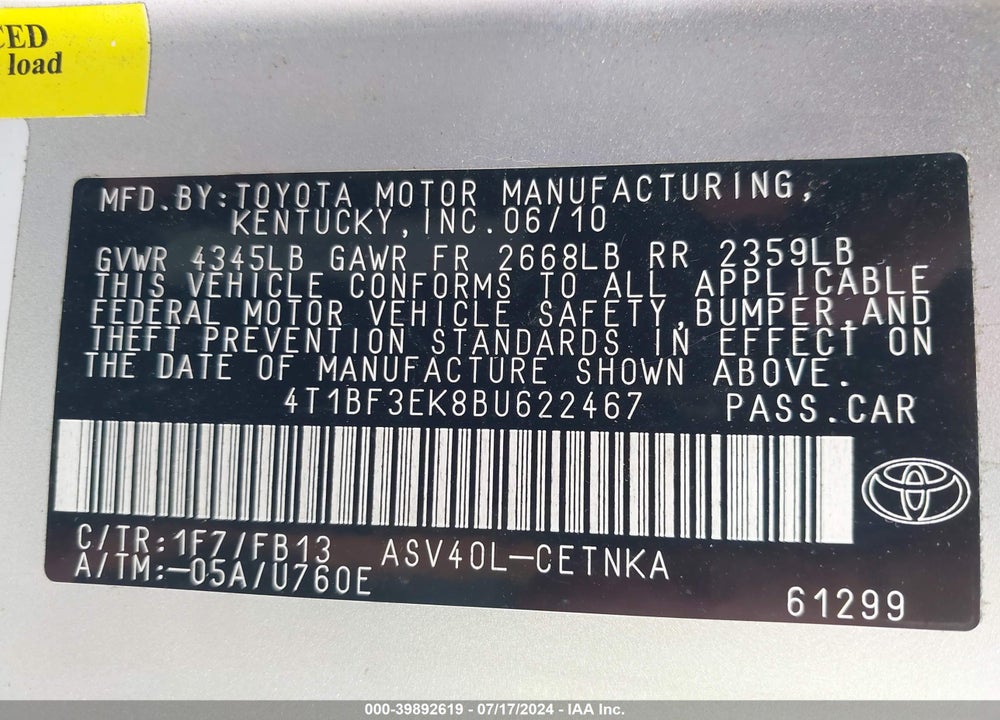 2011 TOYOTA CAMRY LE VIN: 4T1BF3EK8BU622467