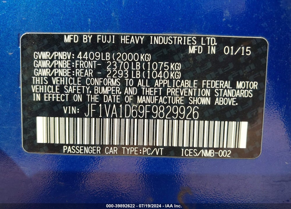 2015 SUBARU WRX PREMIUM VIN: JF1VA1D69F9829926