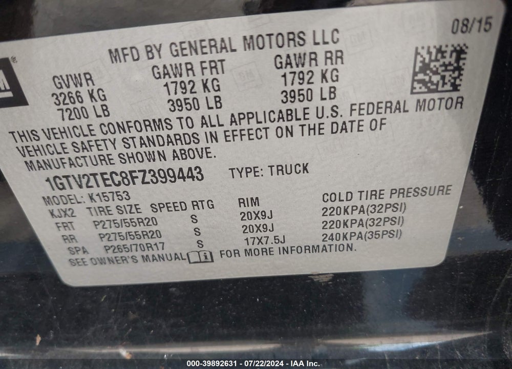 2015 GMC SIERRA 1500 VIN: 1GTV2TEC8FZ399443
