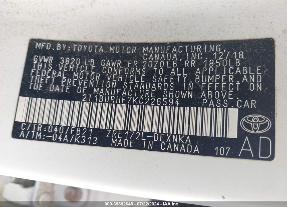 2019 TOYOTA COROLLA LE VIN: 2T1BURHE7KC226594